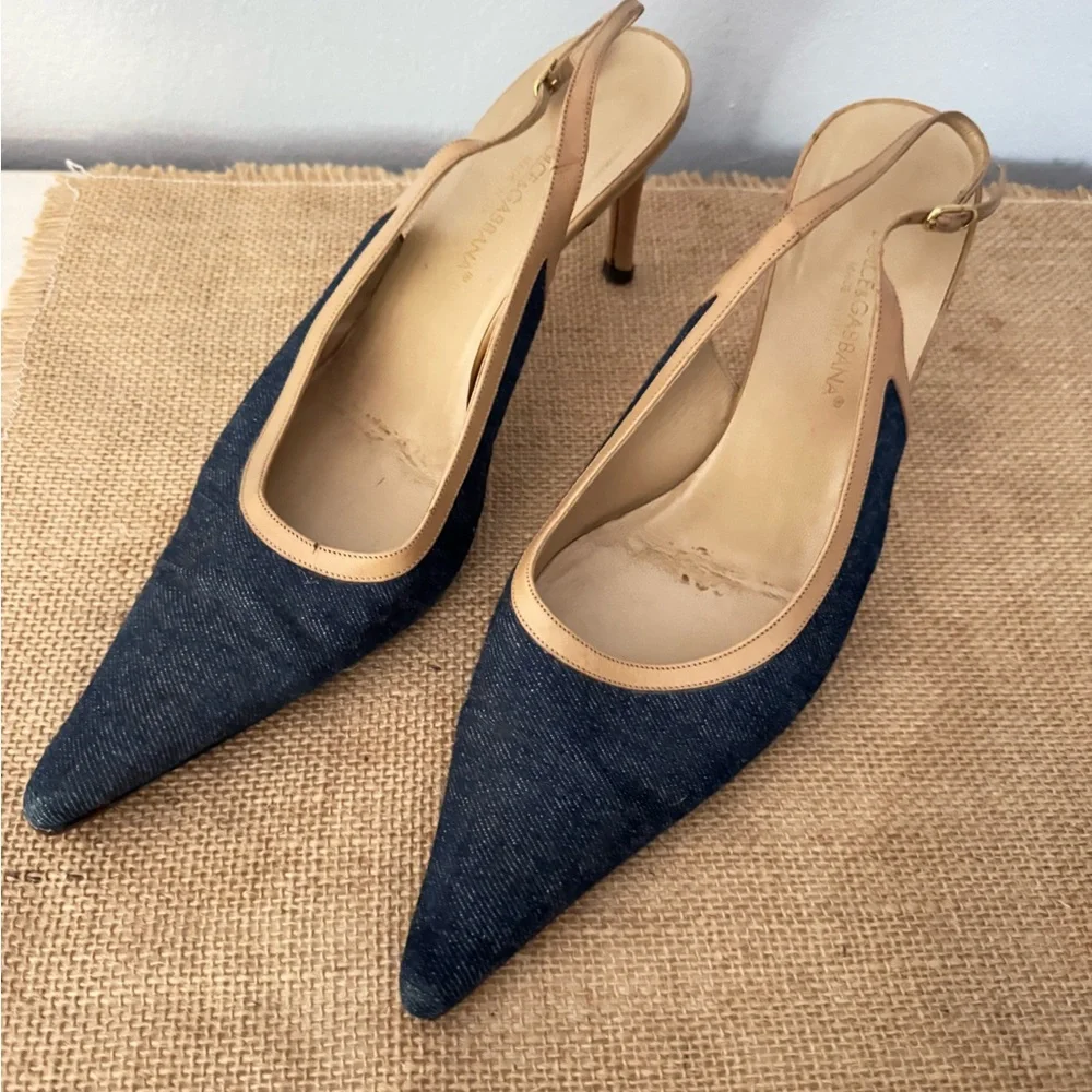 Dolce & Gabbana Denim Pointed Slingback Pumps with Tan Trim Vintage